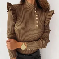 Dolcevita manica lunga - maglia a coste - bottoni/ruches