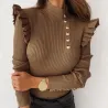Långärmad turtleneck - ribbad tröja - knappar/volanger