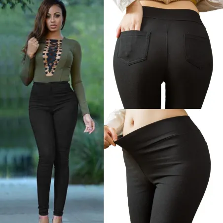 Calça lápis de algodão clássica - cintura alta - com bolsos - elástico - estilo slim