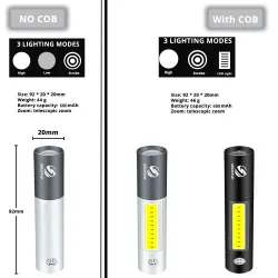 Mini lanterna LED - USB - COB - impermeável - zoom telescópico