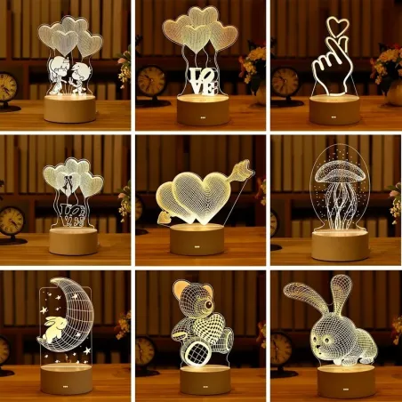 3D akryl LED-lampe - USB nattlys - elg - bjørn - juletre - eple - måne