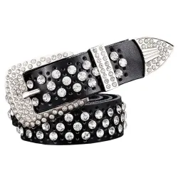 Cinto de couro da moda - com furos / strass - fivela de metal