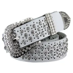 Fasjonabelt skinnbelte - med hull / rhinestones - metallspenne
