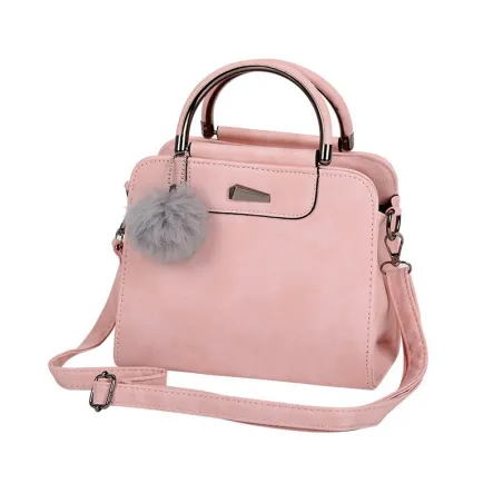 Vintage handtas - met schouderband - bont pompon - leerHandtassen