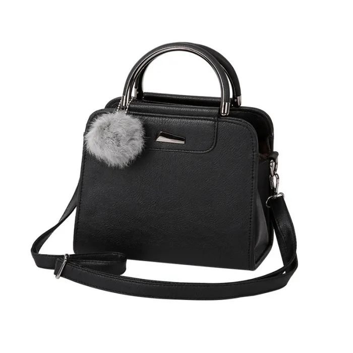 Vintage handtas - met schouderband - bont pompon - leerHandtassen