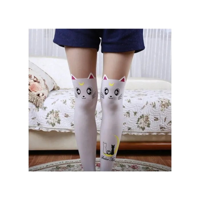 Nylon knesokker - kattedesign