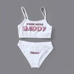 Sexy Dessous-Set - kurzes Top - Schlüpfer - COME HERE DADDY PLEASE Schriftzug