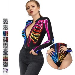 Body sexy - manga longa - com zíper - estampa de esqueleto