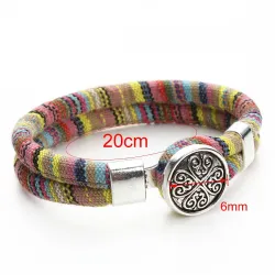 PulserasPulsera de estilo bohemio - algodón en capas de colores - plata tibetana - botón a presión