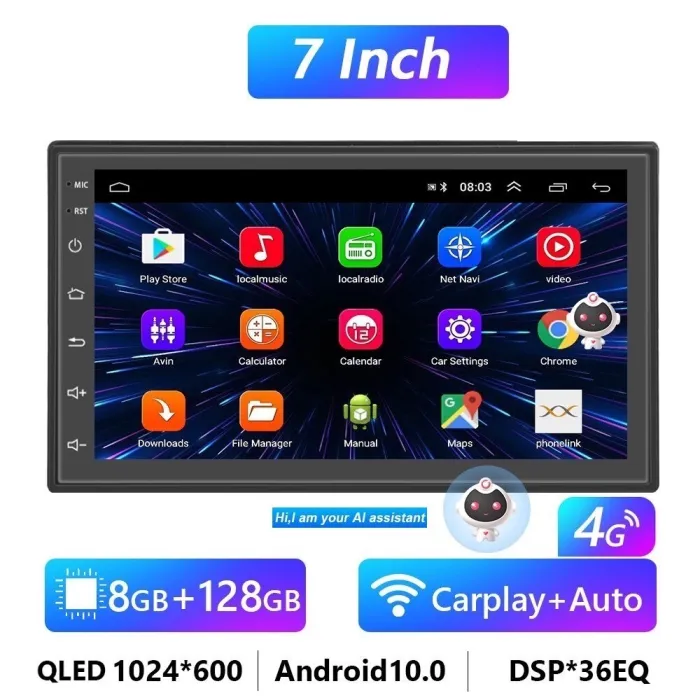 Din 2Autorradio Android 10 QLED - 8GB-128GB - Bluetooth - AI - 8-core - CarPlay - 4G