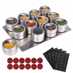 Magnetiske krydderkrukker - med etiketter - med veggmontert stativ - rustfritt stål
