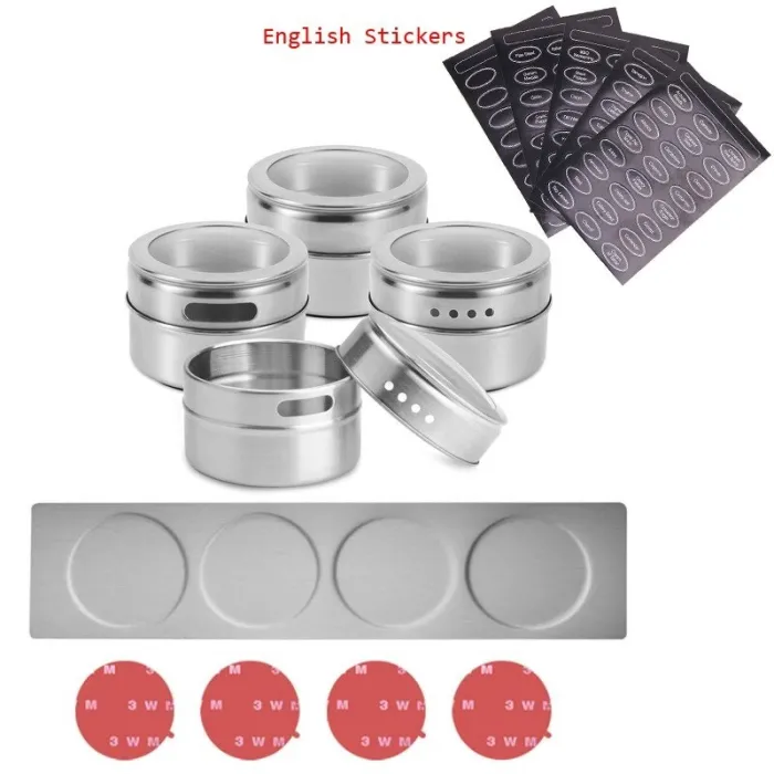 Magnetic spice jars - with labels - with wall mounted rack - stainless steelStorage