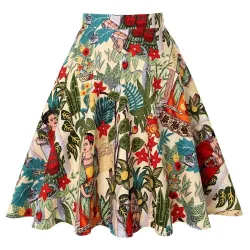 VestidosFalda hasta la rodilla de moda - línea A vintage - cintura alta - algodón - estampado colorido