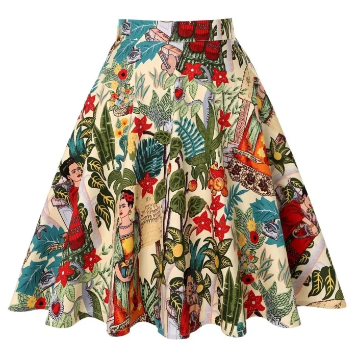VestidosFalda hasta la rodilla de moda - línea A vintage - cintura alta - algodón - estampado colorido