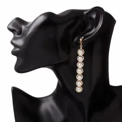 Elegant long golden earrings - geometric metal with pearlsEarrings