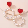 AretesPendientes de corazón rojo - colgante de perla redonda