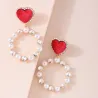 Red heart earrings - round pearl pendantEarrings