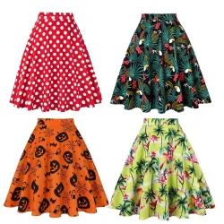 Gonna trendy al ginocchio - linea A vintage - vita alta - cotone - stampa colorata