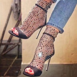 Sexy High Heel Sandaletten - Glitter Air Mesh - mit Reißverschluss - knöchellang
