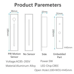 Applique LED encastrable - avec détecteur de mouvement - intérieur IP20 - 3W
