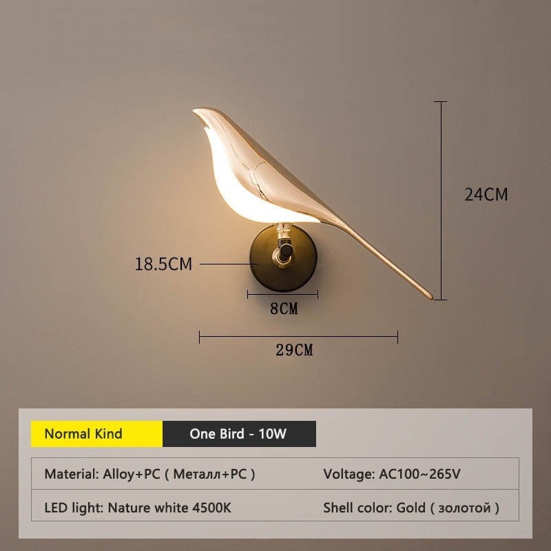 Applique murale LED créative - oiseau plaqué or - gradation tactile - télécommande