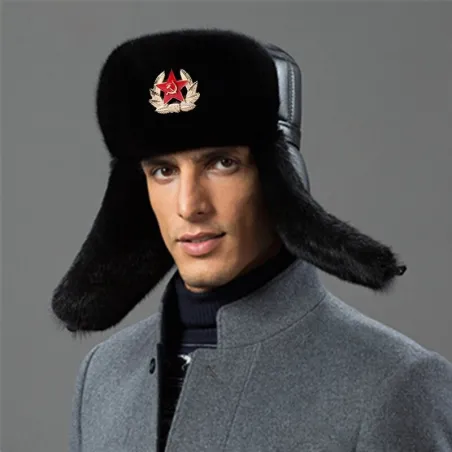 Herre bomberhat - sort russisk ushanka - med øreklapper - pels / læder