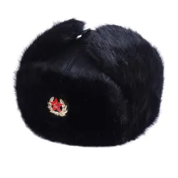 Herre bomberhat - sort russisk ushanka - med øreklapper - pels / læder