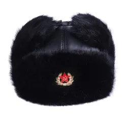 Bomberhatt for menn - svart russisk ushanka - med øreklaffer - pels / skinn