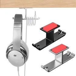 Support double pour casque - crochet en aluminium - sous le bureau / fixé au mur