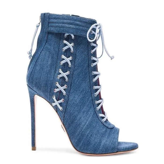 Sandales à la cheville à talons hauts en denim - bottes bleues courtes - à nouer croisées - avec fermeture à glissière