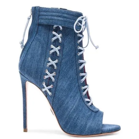 Sandales à la cheville à talons hauts en denim - bottes bleues courtes - à nouer croisées - avec fermeture à glissière