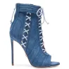 Sandales à la cheville à talons hauts en denim - bottes bleues courtes - à nouer croisées - avec fermeture à glissière