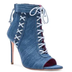 Sandales à la cheville à talons hauts en denim - bottes bleues courtes - à nouer croisées - avec fermeture à glissière