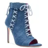 Sandales à la cheville à talons hauts en denim - bottes bleues courtes - à nouer croisées - avec fermeture à glissière