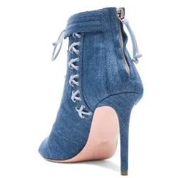 Sandales à la cheville à talons hauts en denim - bottes bleues courtes - à nouer croisées - avec fermeture à glissière