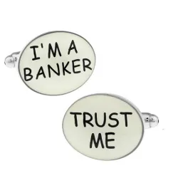 Owalne mosiężne spinki do mankietów - "I'M A BANKER TRUST ME"Spinki do mankietów