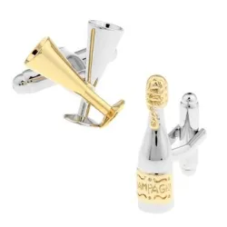 Zilver-gouden manchetknopen - champagnefles / champagneglazenManchetknopen