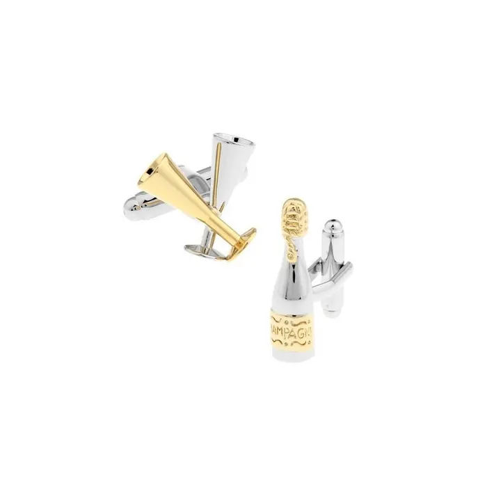 Silver-gold cufflinks - champagne bottle / champagne glassesCufflinks