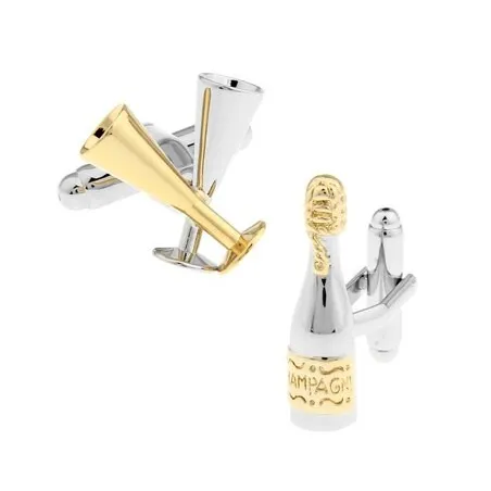 Boutons de manchette argent-or - bouteille de champagne / coupes de champagne