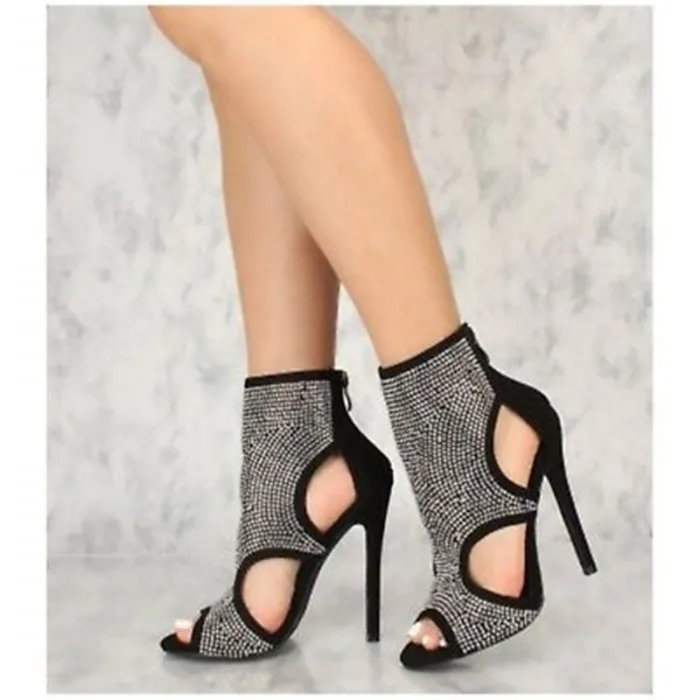 Sandales sexy à talons hauts - escarpins jusqu'à la cheville - évidées - avec strass - fermeture éclair au dos