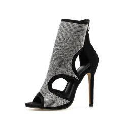 Sandales sexy à talons hauts - escarpins jusqu'à la cheville - évidées - avec strass - fermeture éclair au dos