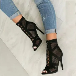 Sexiga högklackade sandaler - ankellånga pumps - ihåligt mesh - snörning