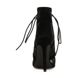 Sexede højhælede sandaler - ankellange pumps - udhulet mesh - snørebånd