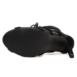 Sexede højhælede sandaler - ankellange pumps - udhulet mesh - snørebånd