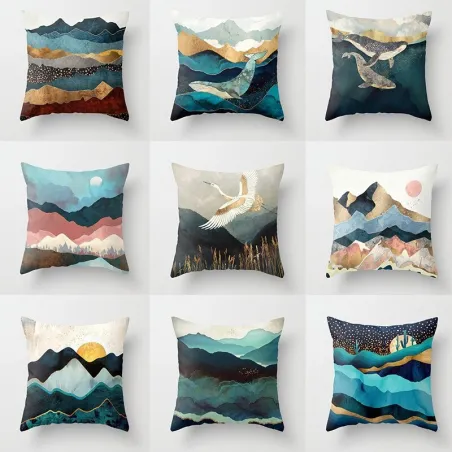 Housse de coussin déco - montagnes géométriques / soleil - 45*45 cm