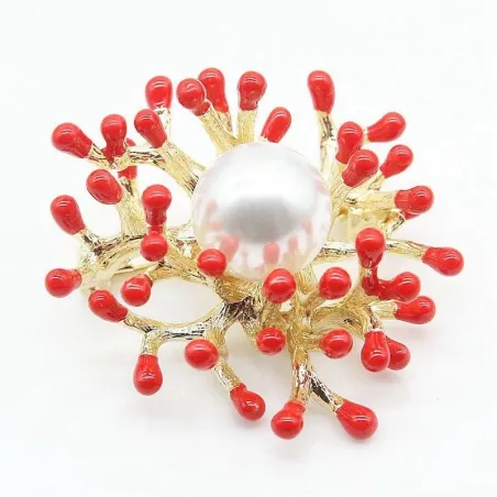 Corallo rosso con perla - spilla in oro