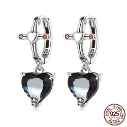 Round silver earrings - cross - black crystal dangle heart - 925 sterling silverEarrings