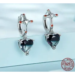 Round silver earrings - cross - black crystal dangle heart - 925 sterling silverEarrings