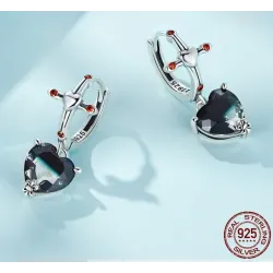 AretesPendientes redondos de plata - cruz - corazón colgante de cristal negro - plata de ley 925