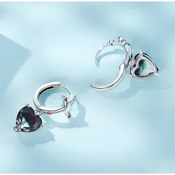Runda silverörhängen - kors - svart crystal dingla hjärta - 925 sterling silver
